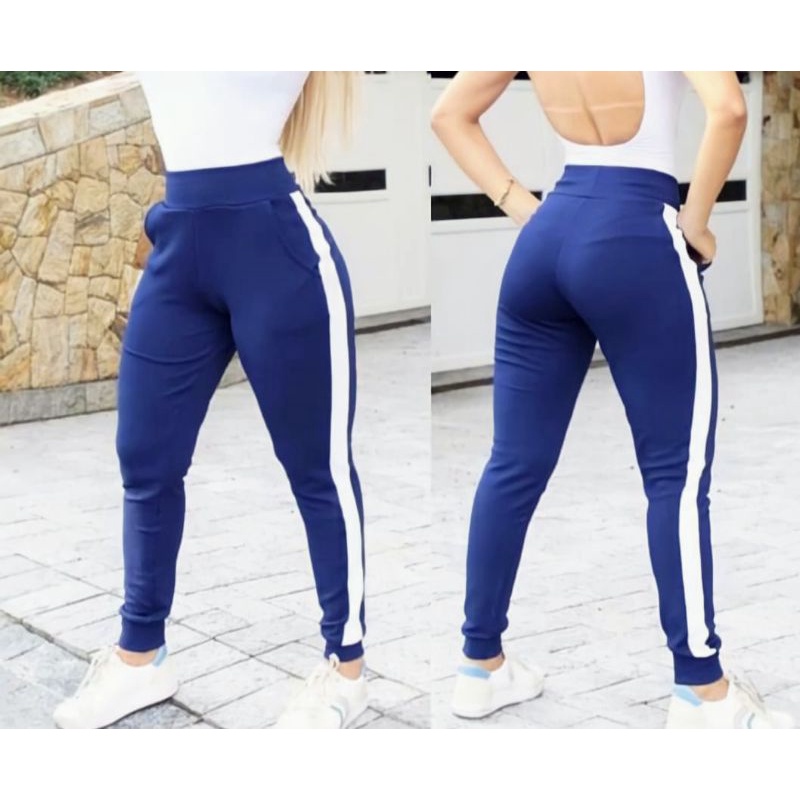 Calça Jogger Feminina de Malha Crepe com Faixa lateral