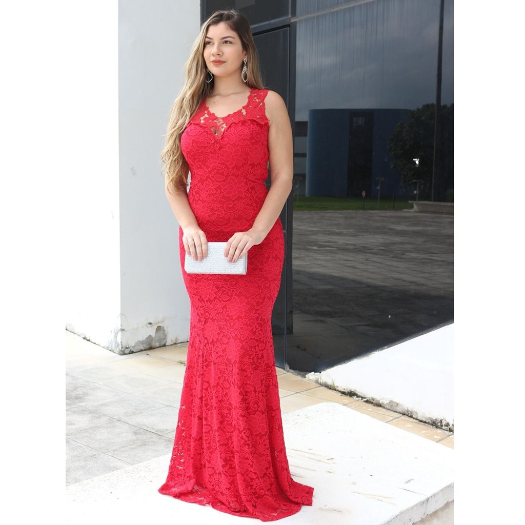 Vestido vermelho de renda hot sale longo