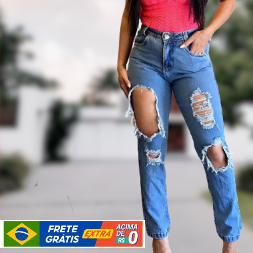 CALÇA JEANS FEMININA MODELADORA DESTROYED - COM BOLSO - Jeans