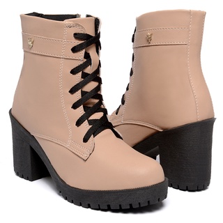 Bota Nude Rosa Bege Rose Coturno Feminino Cano Curto Salto Médio Tratorado Com Zíper e Cadarço
