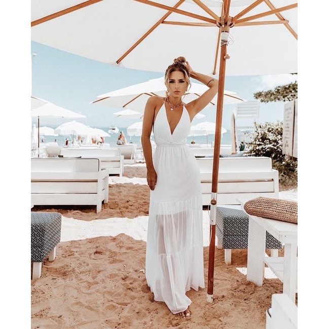 Vestido Longo em Tule com Bojo Alcinha ajustavel Alça Branco Praia Luxo  Moda Verão