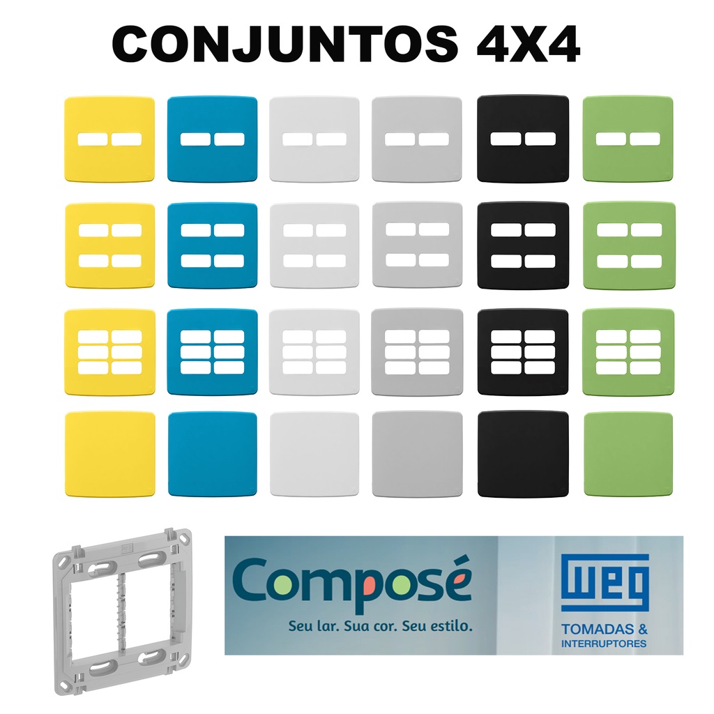 Placas 4x4 Cores Sortidas para linha de tomadas e interruptores Weg Composé