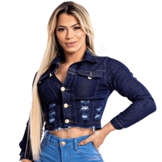 Jaqueta jaquetinha Jeans feminina destroyed barra desfiada com Lycra.