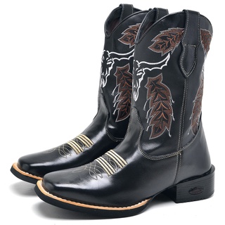 Bota Country Texana Bico Quadrado Cano Alto Bordada Cabeça touro Boi Preta PROMO