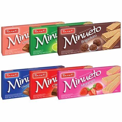 Biscoitos wafers Minueto 115g - Vários sabores - 15 Unidades, Caixa Parati