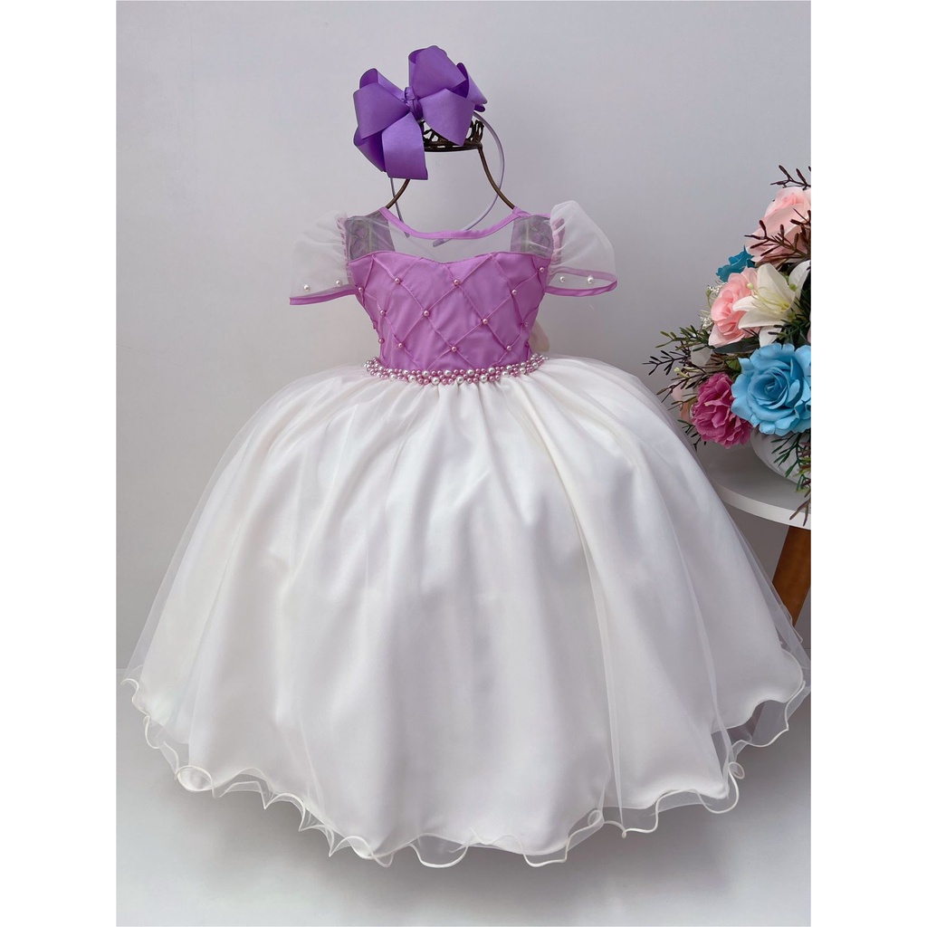 VESTIDO INFANTIL LILÁS C/ CINTO DE PÉROLAS CASAMENTO LUXO