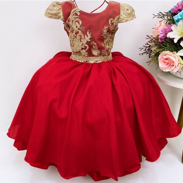 VESTIDO DE FESTA PRINCESA VERMELHO E DOURADO GLITTER COLEÇÃO RED