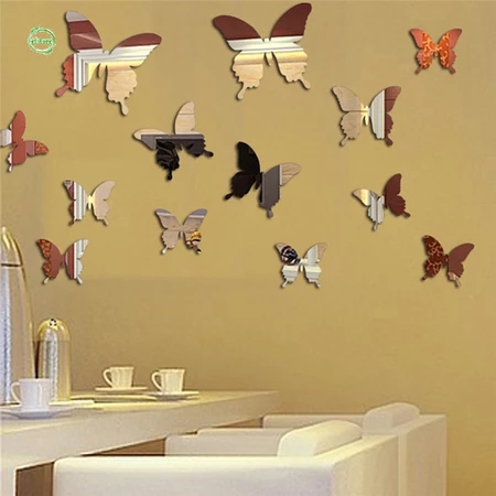 12 Pçs Lote 3D Borboleta Espelho Adesivo De Parede Decalque Arte Da Removível Decoração De Casamento Crianças Do Quarto