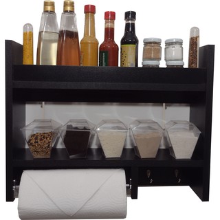Suporte Rolo De Papel E Porta Tempero Para Parede Em MDF Preto