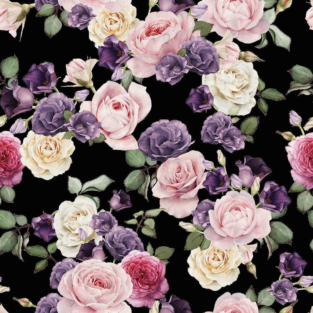 Papel de parede floral com fundo preto e flores em tons de rosa e