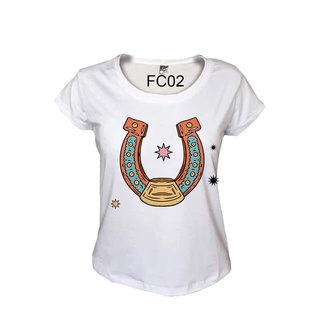Camiseta Feminina Branca Ferradura Desenho Country Cowgirl Baby Look FC02