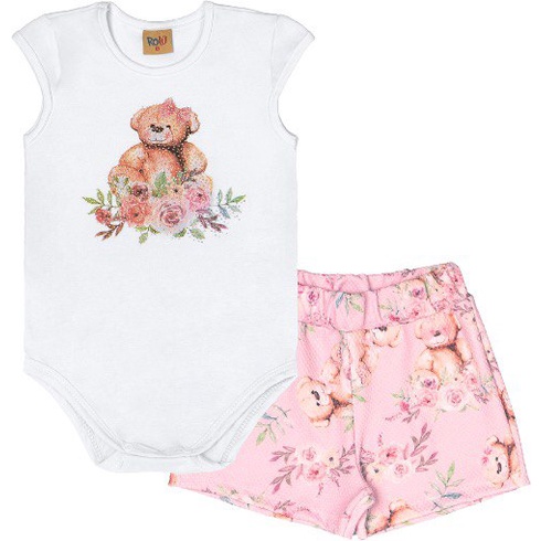 Conjunto Bebê Menina Body e Saia Ursinho Branco/Rosa