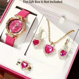 5pcs /Set Relógio de Quartzo Rosa Moda Feminina Simular Relógio de Pulso de Couro PU e Conjunto de Jóias, Presente para Seu Presente do Dia dos Namorados