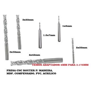 Fresa 2 Cortes Helicoidal Cnc Router (1x6mm) (1.5x7mm) (2x22mm) (2.5x22mm) (3x25mm)