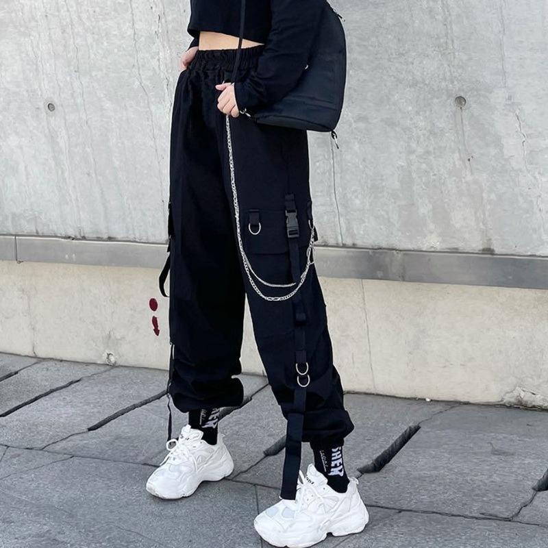 Calça Feminina Preta Estilo Harajuku Calça Jogger Calça Cargo