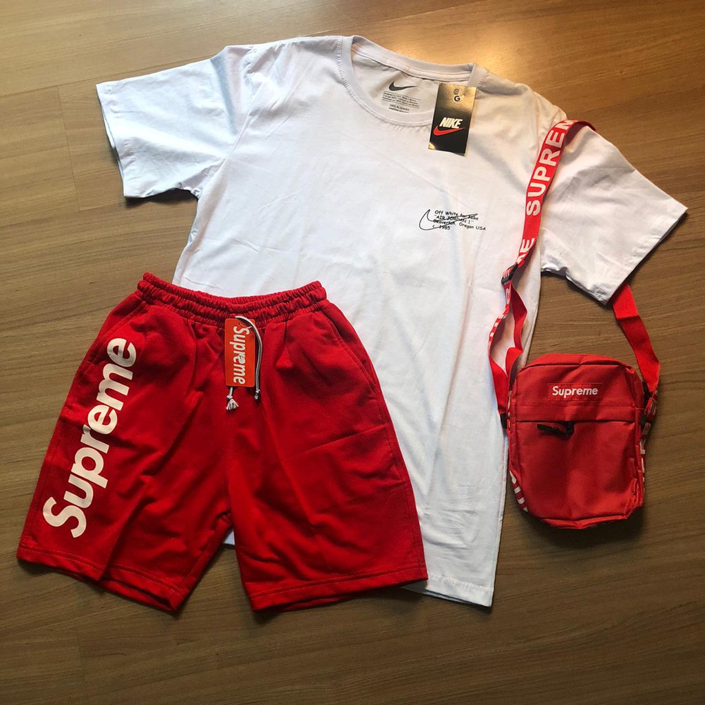 kit promo supreme nike off white shoulder bag + bermuda + camiseta premium outfit hype streetwear