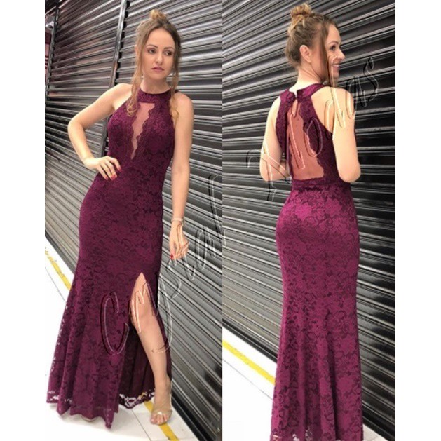 Vestido de store renda longo marsala