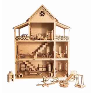 Casa De Bonecas Polly 80cm + Kit 52 Móveis Desmontados Janela