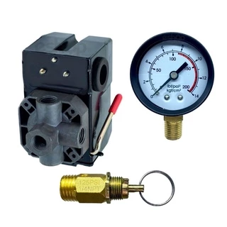 Kit Para Compressor Baixa Pressão Com Pressostato 80/120 PSI 4 Vias Manômetro e Válvula de Segurança