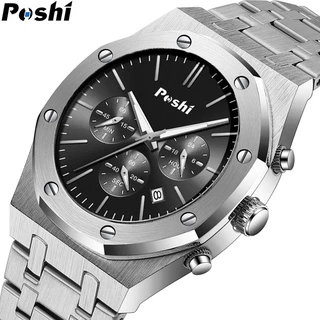 Relógio Esportivo Multifuncional Original POSHI Top Brand Men's Fashion Chronograph Cronógrafo à prova d' água Luminoso de Aço Inoxidável