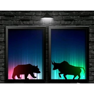 Quadros Decorativos - Urso E Touro Com Fundo Azul - Mercado Financeiro - Touro Dourado -
