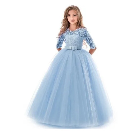 Vestido Infantil Dama Honra Azul Royal Casamento Renda - Rosa