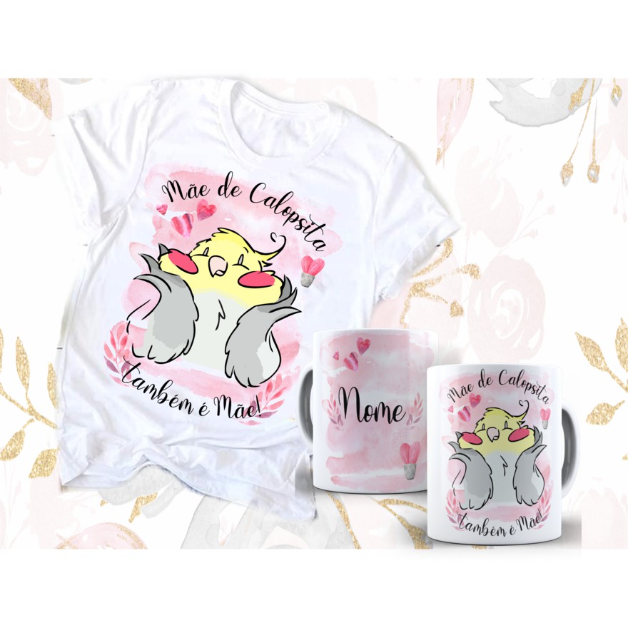 Kit Mãe de Calopsita Camiseta e caneca personalizada com nome