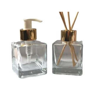 02 Fracos de Vidro Cubo 100ml Para Lavabo Com Válvula Saboneteira + Tampa Difusor Luxo + Varetas