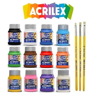 Kit Tinta Tecido 12 Cores + 3 Pinceis Acrilex