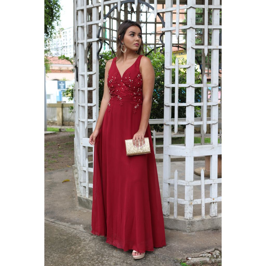 Vestido 2024 marsala pedraria