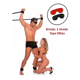 Kit Bondage Algemas Com Tiras Para Amarrar Na Cama/parede/portas Etc + Venda Tapa Olhos