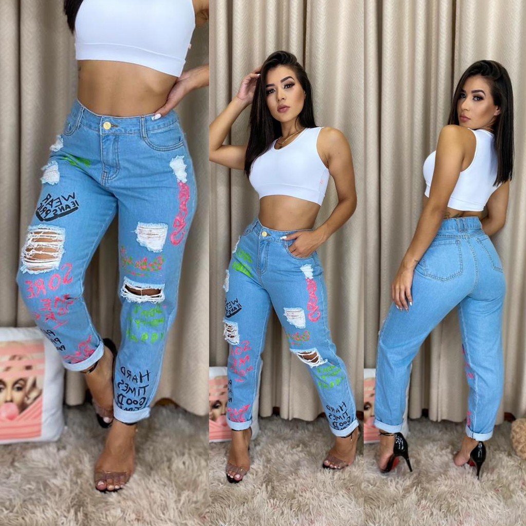 Calça jeans mom com escritas em neon jeans moda gringa moda