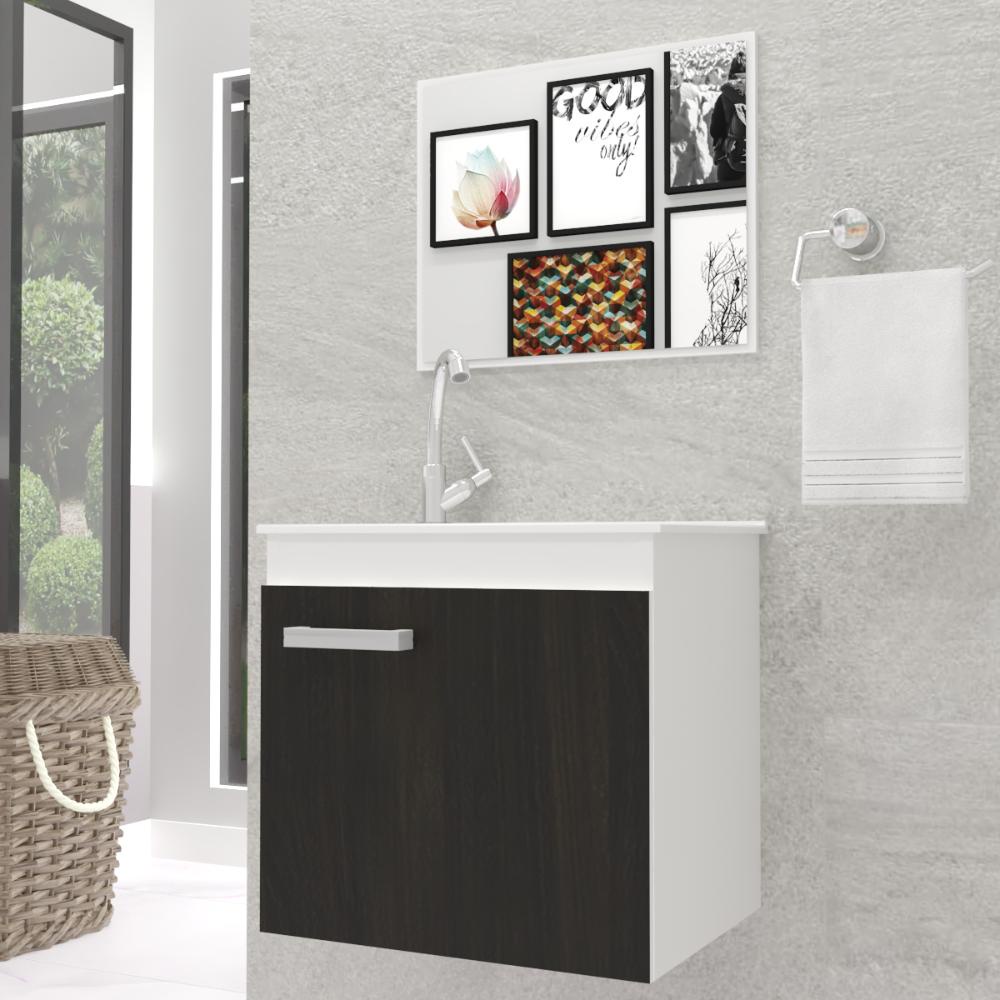 Gabinete Banheiro Bari 45 cm Branco C/Ébano Completo