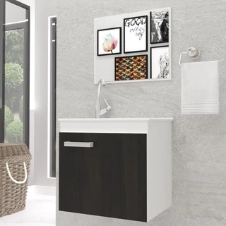 Gabinete Banheiro Bari 45 cm Branco C/Ébano Completo