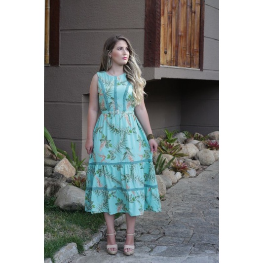 Vestido Midi Jardim de Verão - Verde Água