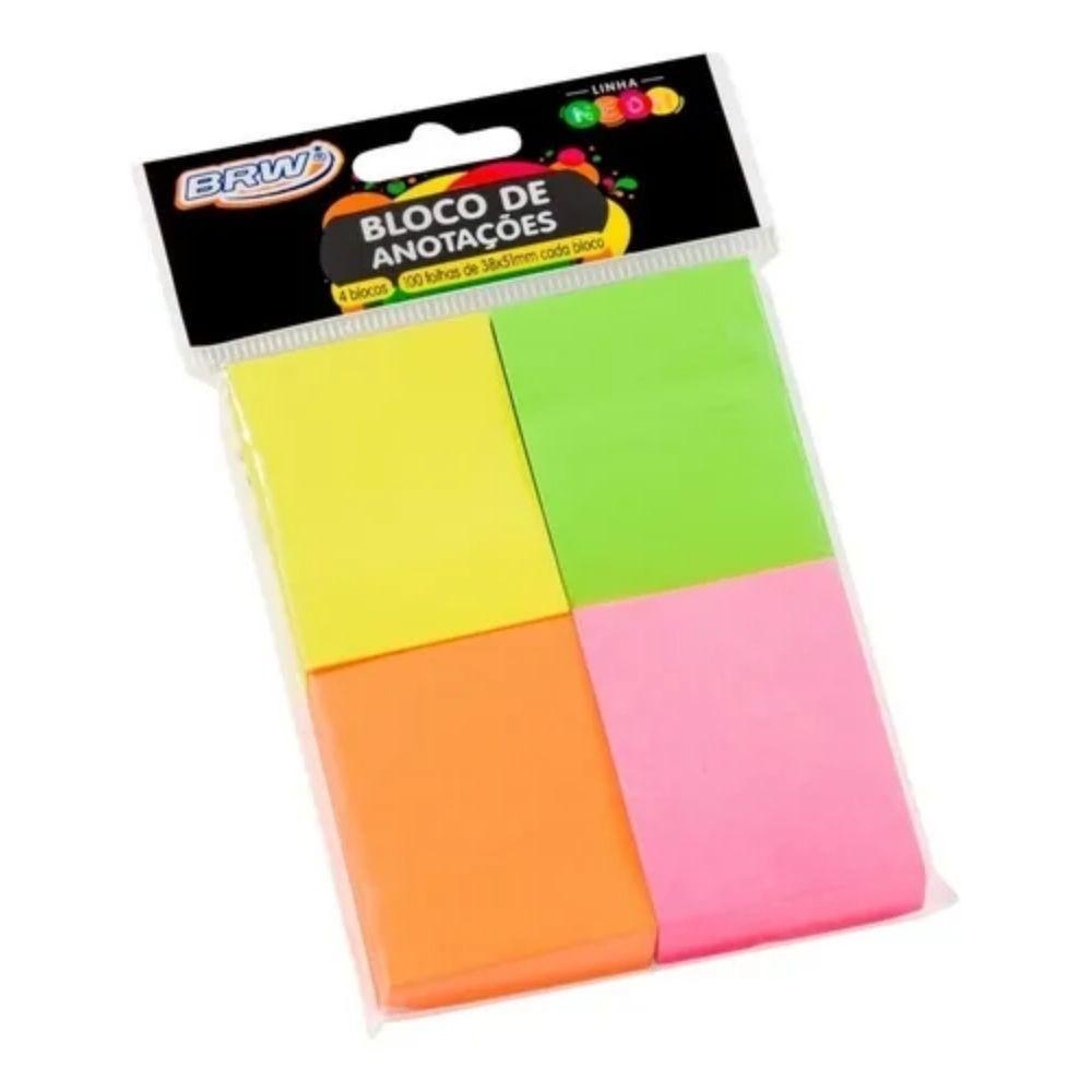 Bloco De Anotações Adesivo Neon Colorido 4 Blocos com 100 Folhas cada