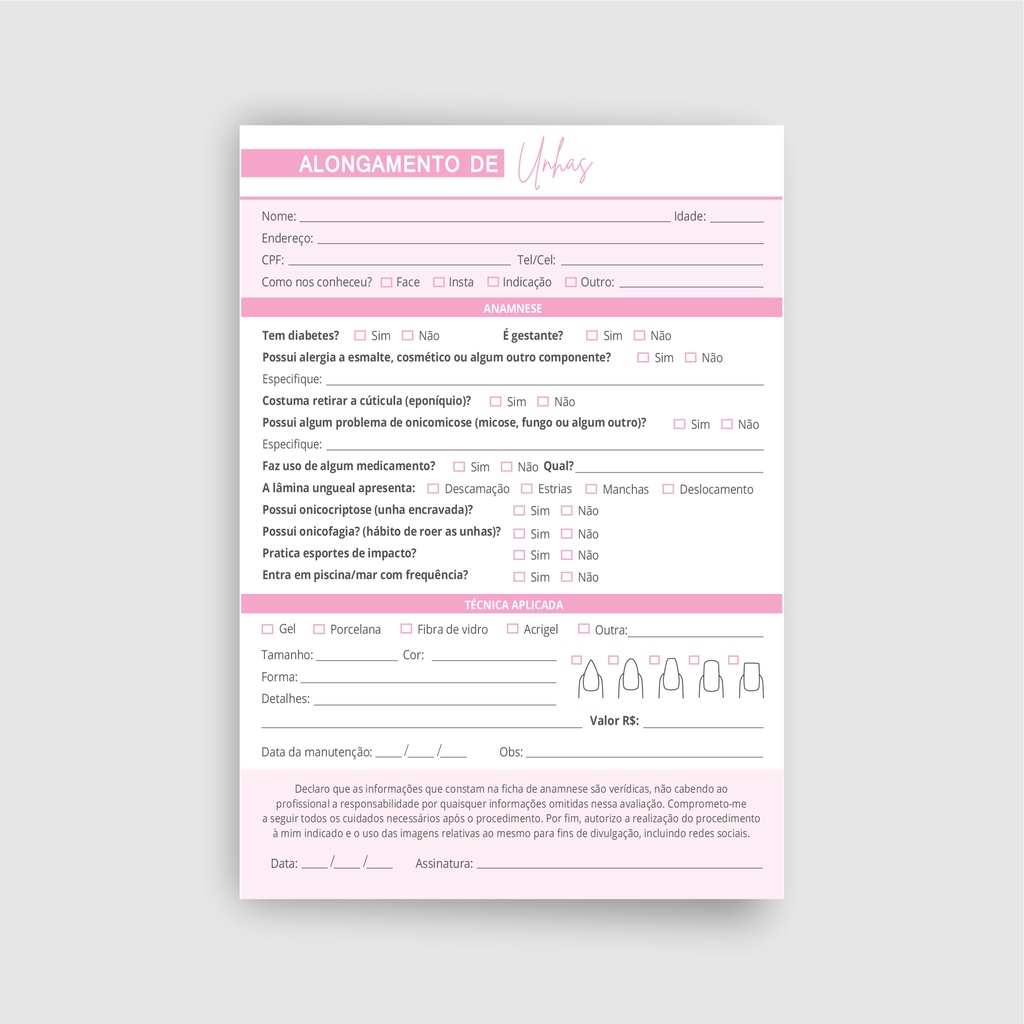 Ficha de Anamnese Alongamento de Unha: Download Grátis