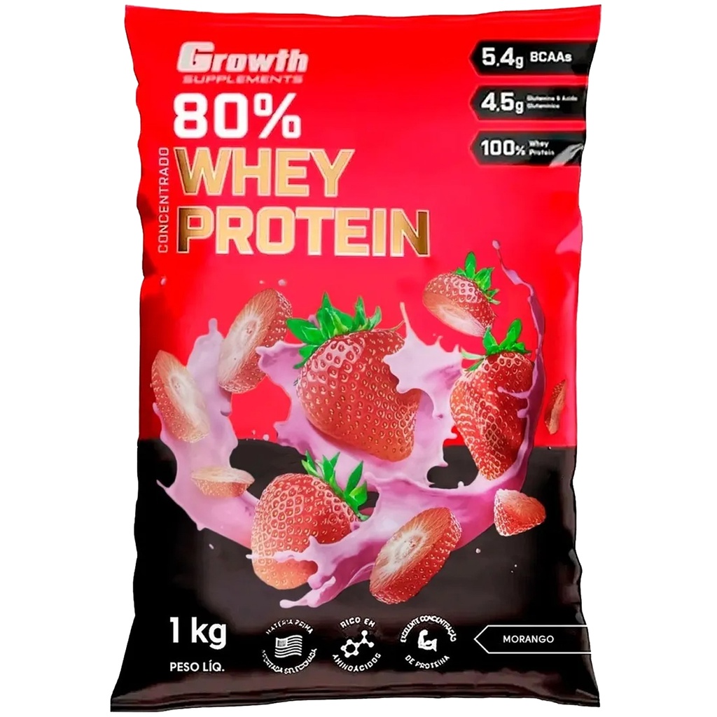 Whey Protein Growth 80% Proteína Concentrado Sabor Morango 1Kg Suplementos Original