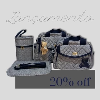 Kit Bolsa Maternidade Texturizada Cinza com Azul Urso Enxoval Masculino Menino Bebê