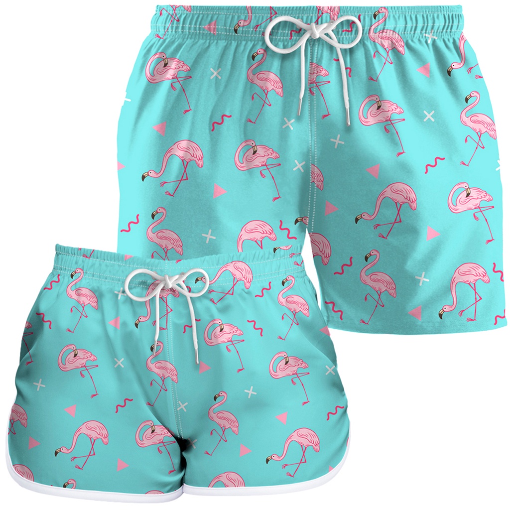 Shorts Casal Estampado Praia Com Secagem Rápida Kit 2 Peças Flamingo ref50