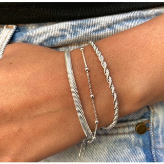 Kit Pulseira Prata 925 Folheada Cordão Baiano Malha Metalizada Pulseira Feminina de Bolinha Conjunto 3 Pulseiras