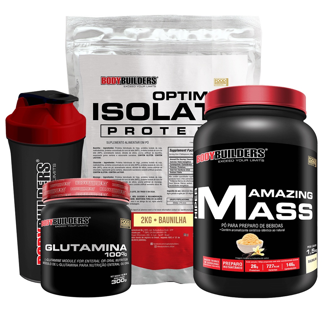 Kit Optimum Isolate Whey Protein 2kg, Hiper amazing 1,5kg, Glutamina 300g, Coqueteleira, Bodybuilders