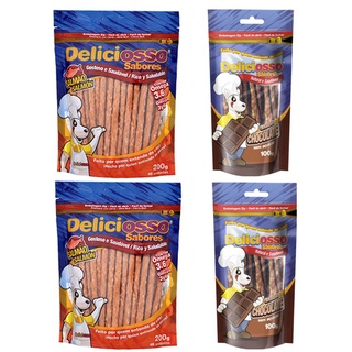 Combo 4 Pacotes Palito Ossinho Para Cães Deliciosso Palito Fino: 2 Salmão e 2 Chocolate