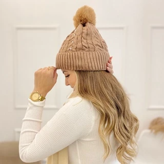 Touca Gorro De Lã Antialérgica Feminina Forrada De Pelinho com Pompom Pérola