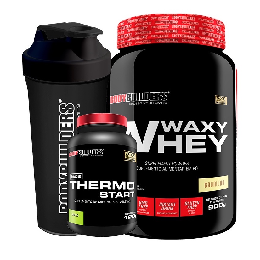 Kit Whey Protein Waxy Whey 900g + Termogênico Thermo Start Powder 120g Sabor Limão + Coqueteleira – Bodybuilders