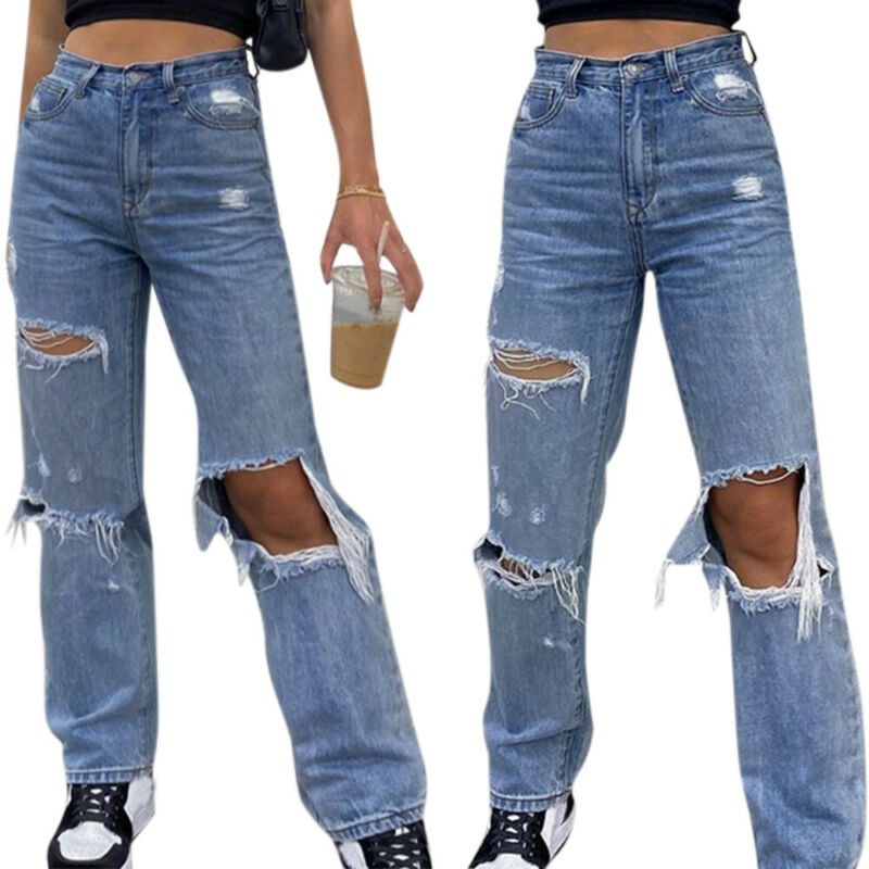 Calça jeans larga rasgada hot sale feminina