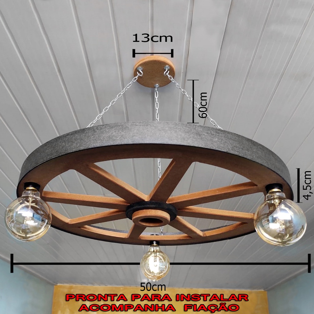 Luminária Roda De Carroça 3 Bocais 50 Cm Diâmetro 110 220 V