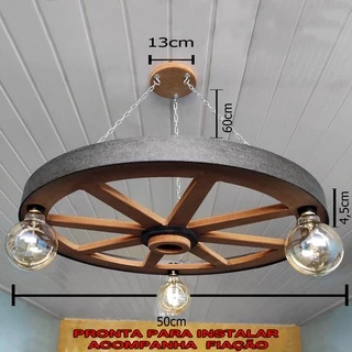 Luminária Roda De Carroça 3 Bocais 50 Cm Diâmetro 110 220 V