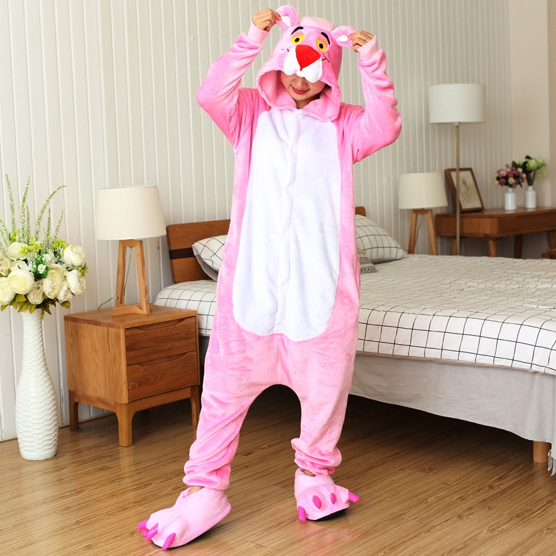 Kigurumi Pantera Rosa Dos Desenhos Animados Flanela Pijamas Baju Tidur  Feminino Com Capuz Macacões Animal Cosplay Traje