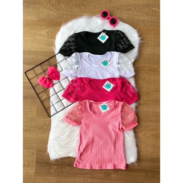 Blusa Infantil Manga Tule Bufante Curta Menina Mini Diva Moda blogueirinha